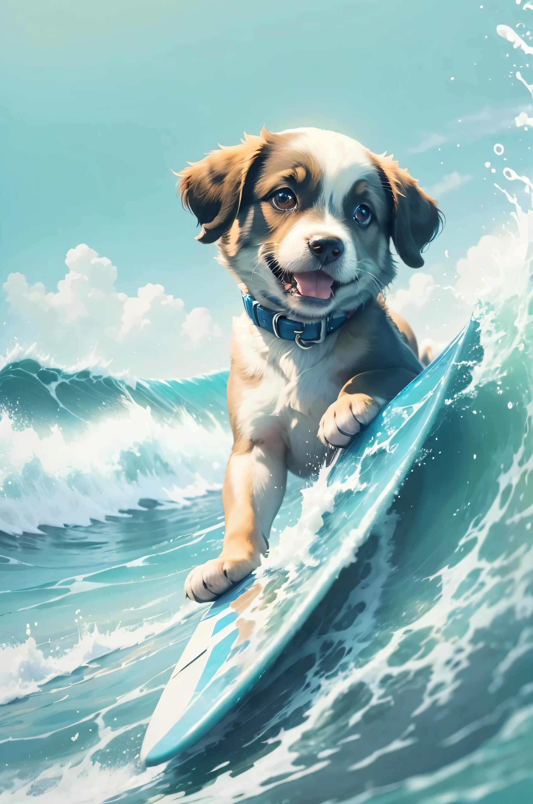Cute puppy with big eyes, smile, Enjoying surfing in the sea, Big Waves, blue sky. Cute digital art, Cute and intricate digital art, Cute Creatures