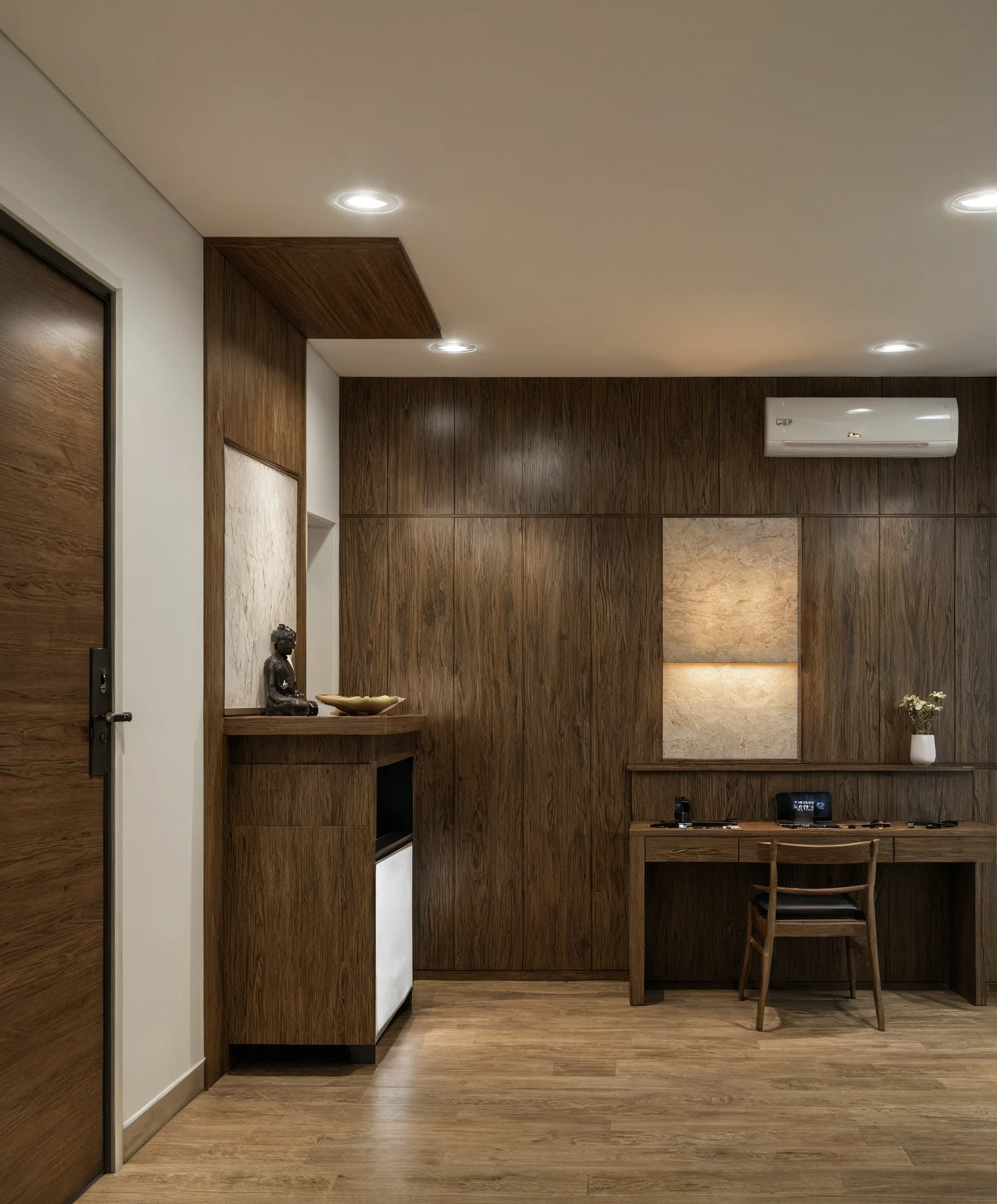 Raw photo, Masterpiece, high quality, best quality, authentic, super detail, interior, indoors,  style modern, minimalist line, wooden, dark oak wood, LED light, white paint wall, LIVING ROOM, PEN HOUSE, bedroom, wooden window, japan style, wasabi style, Jen style, steel stair, glass railing, paint wall decor, bookshelf, livingroom, Indochine style