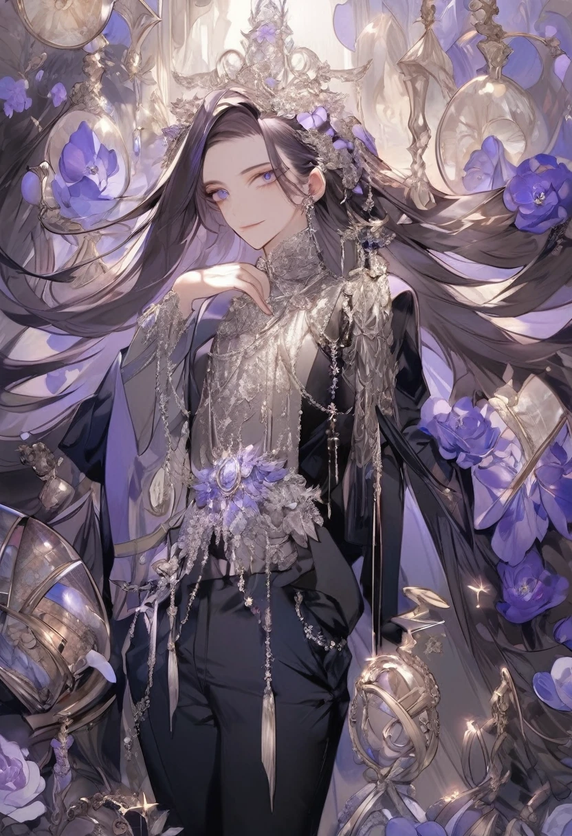 Feminine boy, soft womanish facial features, smile, squinted siren dark blue eyes without glare, silver ans dark purple long loose hair with straight bang, fantasy black clothes with blue and purple elements, long black gloves, model, gorgeous, elegant, lots of silver jewelry, flowers in his hair, skinny , hourglass figure, light lipstick, pants