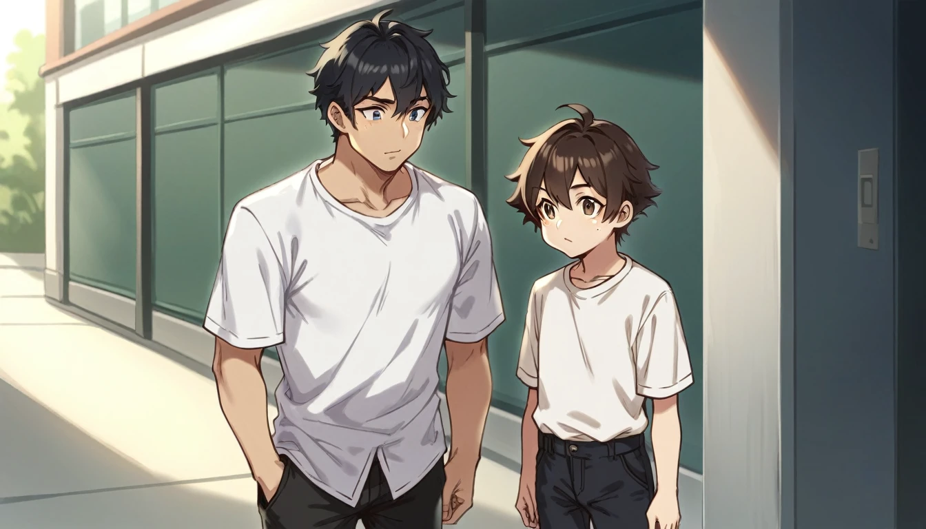 attractive guy, dark straight black hair, pale skin, Brown eyes, Delgado y muy alto, dressed in a white shirt and baggy black pants, background a school, accompanied by a boy, black hair, blue eyes, slightly light skin, of average height, Delgado, with freckles on his face, dressed in a white short-sleeved shirt and loose black pants