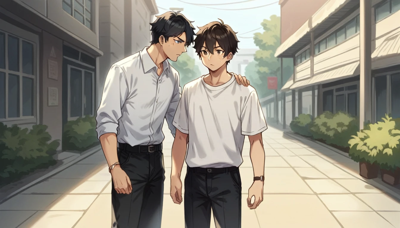 attractive guy, dark straight black hair, pale skin, Brown eyes, Delgado y muy alto, dressed in a white shirt and baggy black pants, background a school, accompanied by a boy, black hair, blue eyes, slightly light skin, of average height, Delgado, with freckles on his face, dressed in a white short-sleeved shirt and loose black pants