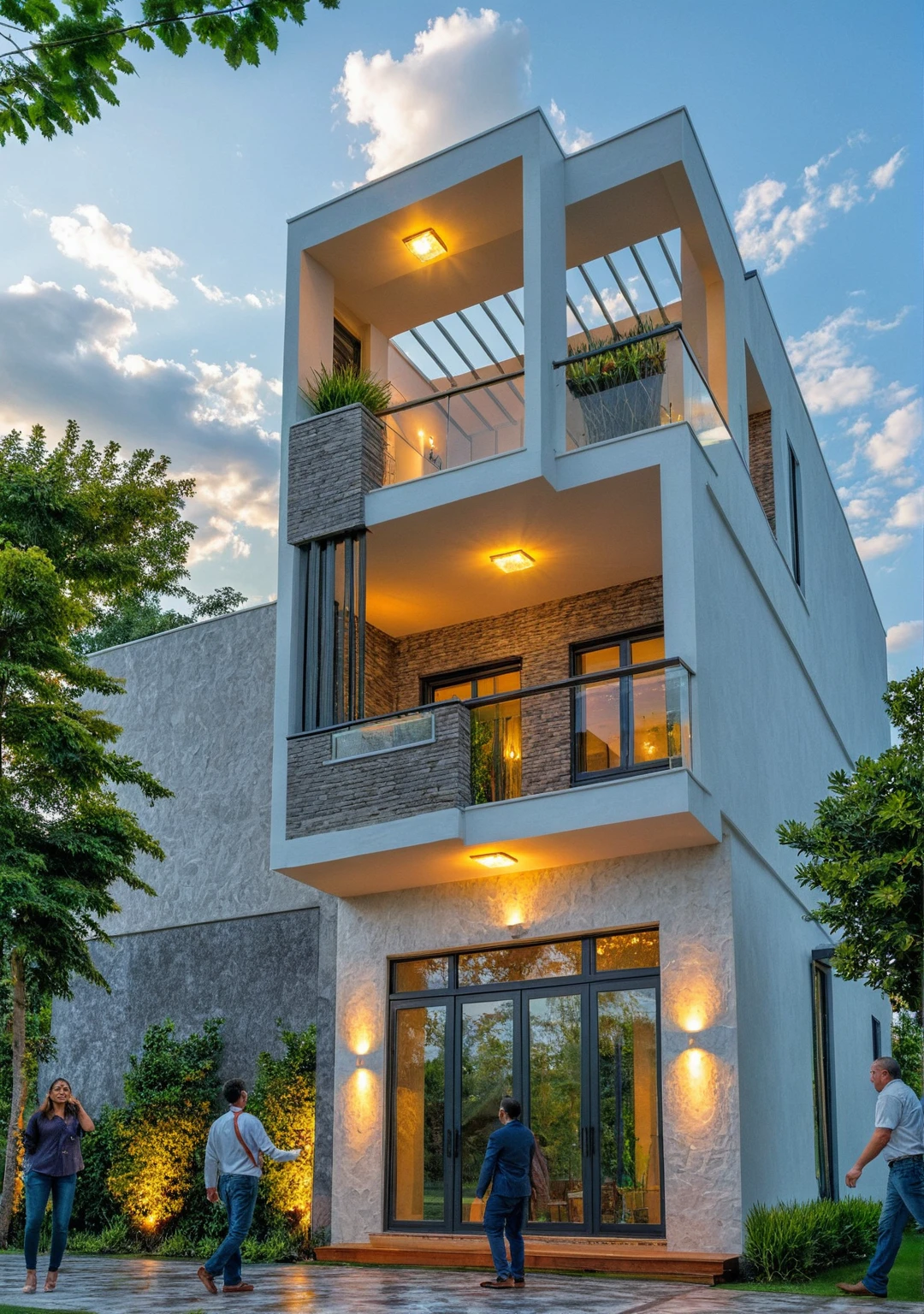 Masterpiece, high quality, best quality, authentic, super detail, outdoors, aiaigroup, house style modern , white wall , pavement, grass, trees, dusk sky, cloud, (daylight:1.1)