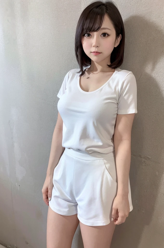 Japan person, woman, single, double, short sleeves, shorts, big breasts, looking down, viewer, white background, realistic, best quality, high resolution, photo