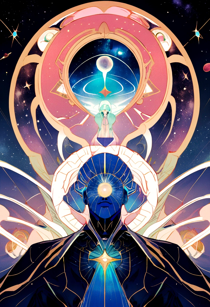 A man before a space full of planets, sua mente contemplando a eternidade, consciousness projection, rosto derretendo no universo, they reach into his mind, the rise of consciousness, elevated consciousness, mind exploration, rasing of consciousness, infinite consciousness, cosmic enlightenment, no plano astral ) ) ), um ser interdimensional, distributed consciousness