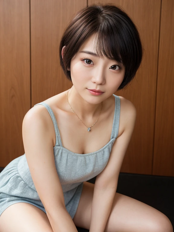 (Highest quality、8K、32k、masterpiece、Hmph:1.2)、Photo of beautiful Japan woman in her 30s、very short hair、short hair、Shortcuts、Upper Body、necklace、Shooting from above、Don&#39;Don&#39;t look at the camera、(Realistic、Photorealistic:1.37)、1 Girl、Photographed in natural light、Physically Based Rendering、Excellent image quality、High resolution、1080P、(Detailed facial depiction)、(Detailed description of the hands)、(Detailed CG)、Rich details、(exquisite features)、(Best image quality)、(masterpiece)、(Beautiful Eyes)、Delicate clavicle、Various poses、profile、White wall、In front of a white door、(窓のあるWhite wallの部屋)、Earrings、Laughter、Spring Clothes、((Long sleeve dress))、Looking down、Downward