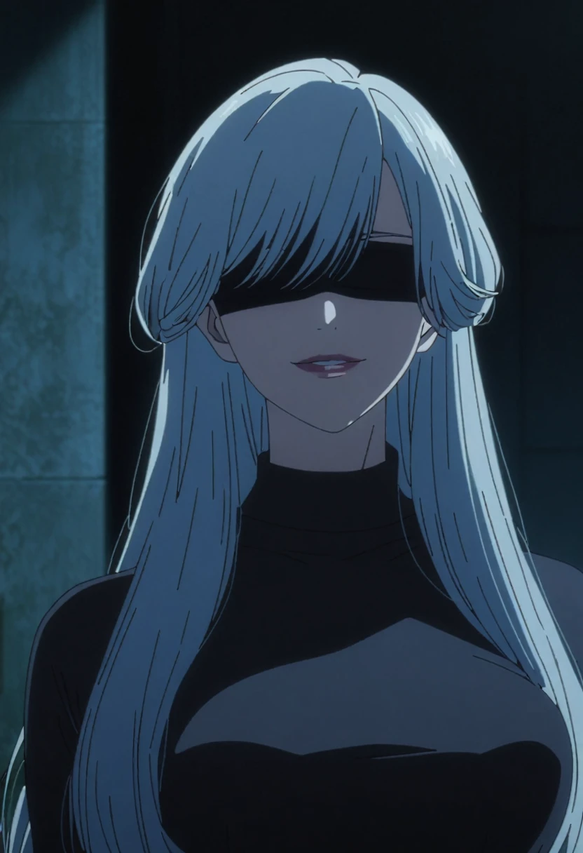 1girl, female gojo satoru, anime screencap from jujutsu kaisen, gojo satoru female version, solo, very long_hair, ((smooth texture hair)) ((black blindfold)), ((very long white_hair)), night view, breasts, upper_body, smile, indoors, book, bangs, lips (( very long hair, swept bangs)) wearing black color sweater, breast, "very detailed and high resolution" (black blindfold) ((one hand on the chin)) ((smooth texture hair)) ((solo)) ((high resolution)) ((upper body)) (Good quality)