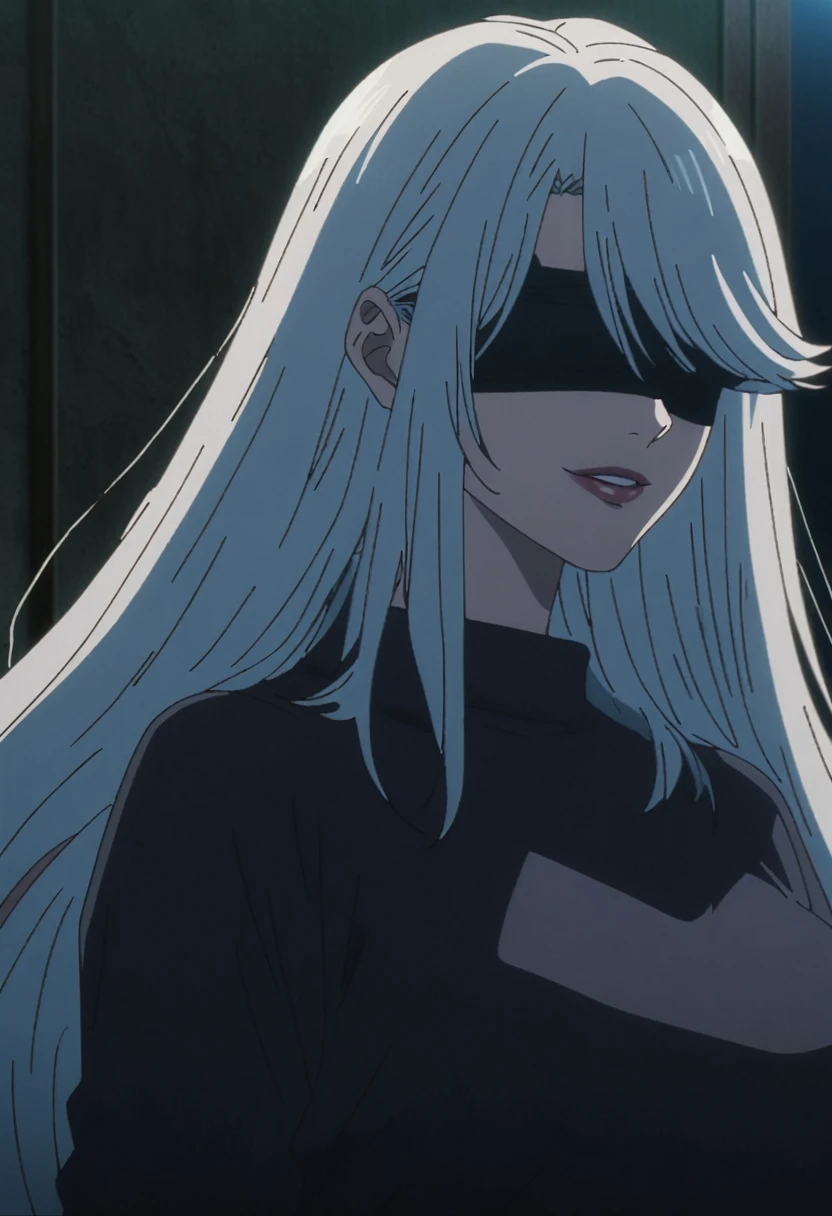 1girl, female gojo satoru, anime screencap from jujutsu kaisen, gojo satoru female version, solo, very long_hair, ((smooth texture hair)) ((black blindfold)), ((very long white_hair)), night view, breasts, upper_body, smile, indoors, book, bangs, lips (( very long hair, swept bangs)) wearing black color sweater, breast, "very detailed and high resolution" (black blindfold) ((one hand on the chin)) ((smooth texture hair)) ((solo)) ((high resolution)) ((upper body)) (Good quality)
