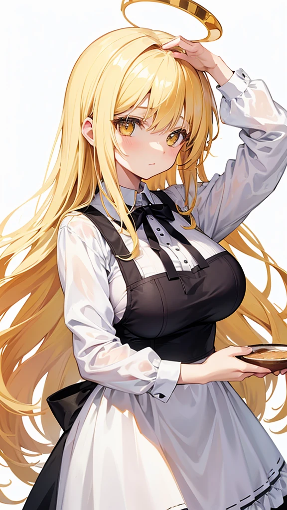 Cute, , big breasts, cafe staff, long hair, blonde hair, yellow eyes, honey, white background, simple background