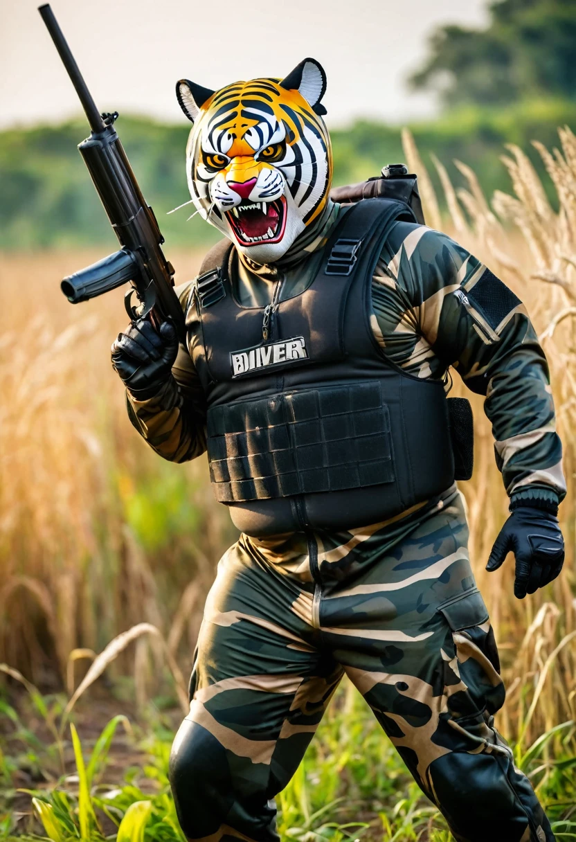 (a dark-skinned muscular fat old man in a bulky camouflage zipper diver suit) carrying a rifle and (wearing proportionate realistic roaring tiger mask that show the wearer eyes), muscular, Bruce Onobrakpeya, sumatraism, stanley artgermm, muscular physique, imposing stature,  action, heroic, fierce, snarling, best quality
