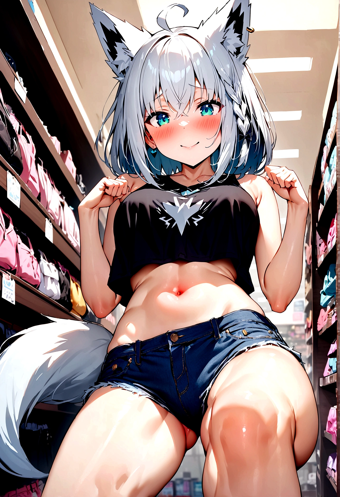 NSFW,masterpiece,Highest quality,High resolution,Super detailed,Shirakami Fubuki\(Hololive\),Gray Hair、One-sided braid、Ahoge、Earrings,Fox ears,Fox tail,Crop top shirt,Sleeveless,Low-rise denim shorts,High leg,Embarrassed,blush,Expecting face,Bewitching Smile,Sexy smile,(Adult Shop),(Underwear section),(Naughty shop),Cute pose,Date,(Seduce)