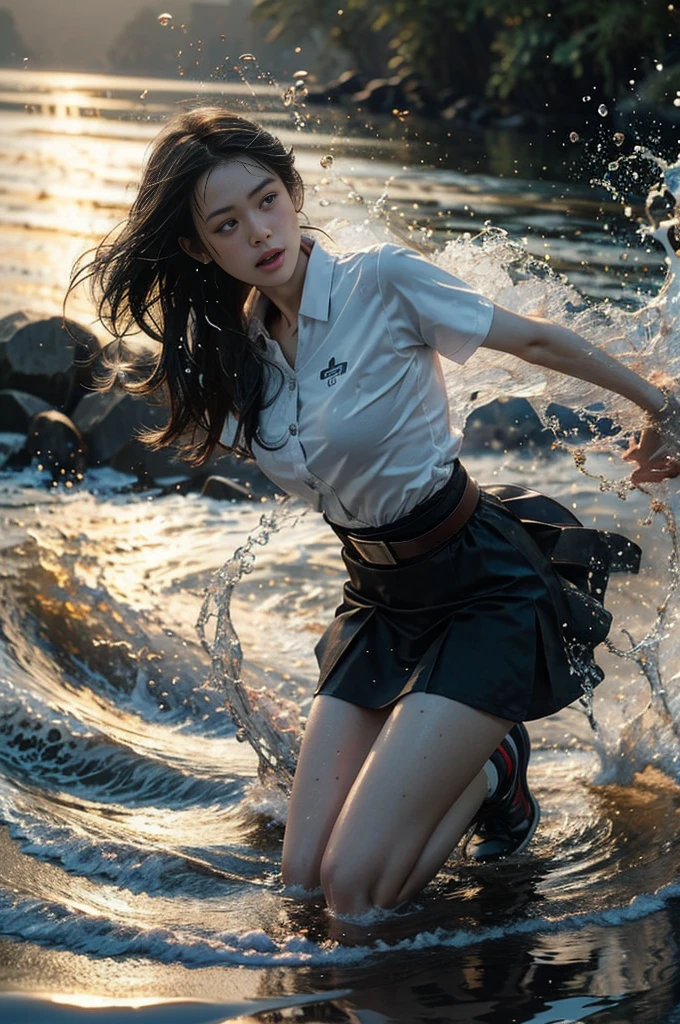 Knee shot, 18s woman in thai university uniform, long straight wet hair, white wet short-sleeve shirt, black wet tight mini skirt, brown belt, white sneakers, masterpiece:1.2, high detail, realistic, cinematic scene, slim and perfect figure, perfect body proportions, 16k, portrait photo, dynamic pose, dynamic compositions, water, surrounded by gas fumes in battle, xuer martial arts, water drops on her face, motion blur, long exposure, in the sea