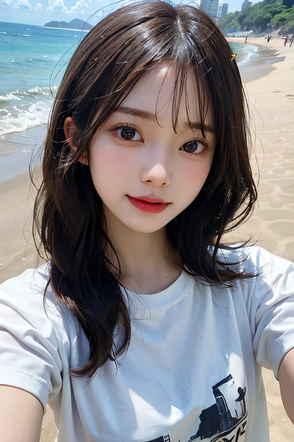 ((best quality)), ((masterpiece)), (detailed), perfect face. Asian girl. Selfie. White T-shirt. Beach.