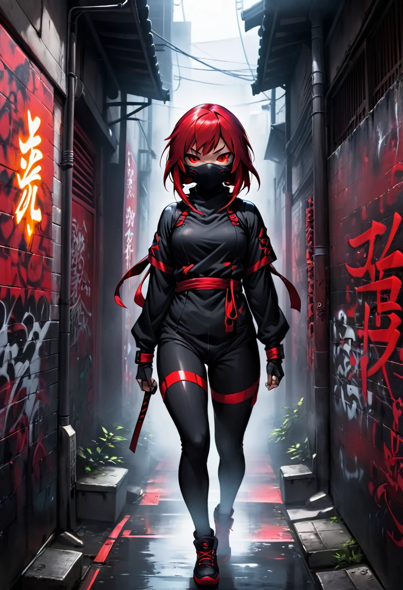 1girl, black and red ninja suit, hidden face, red hair, red eyes, dark alley, red graffiti, japanese led, fog