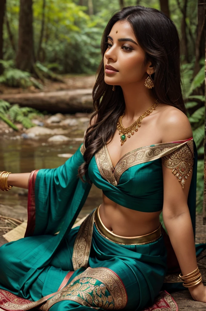 The image shows a sexy woman sitting on the ground in an outdoor setting, likely a forest or wooded area. She is dressed in a traditional Indian outfit, which includes a sari with intricate patterns and rich colors. The sari has a combination of green, blue, and red hues, with an ornate golden blouse. She has long, dark hair and is wearing minimal jewelry, including bangles. The woman is looking directly at the camera with a calm and composed expression. The background is blurred, highlighting the woman as the focal point of the image. The overall atmosphere of the photograph is serene and natural.