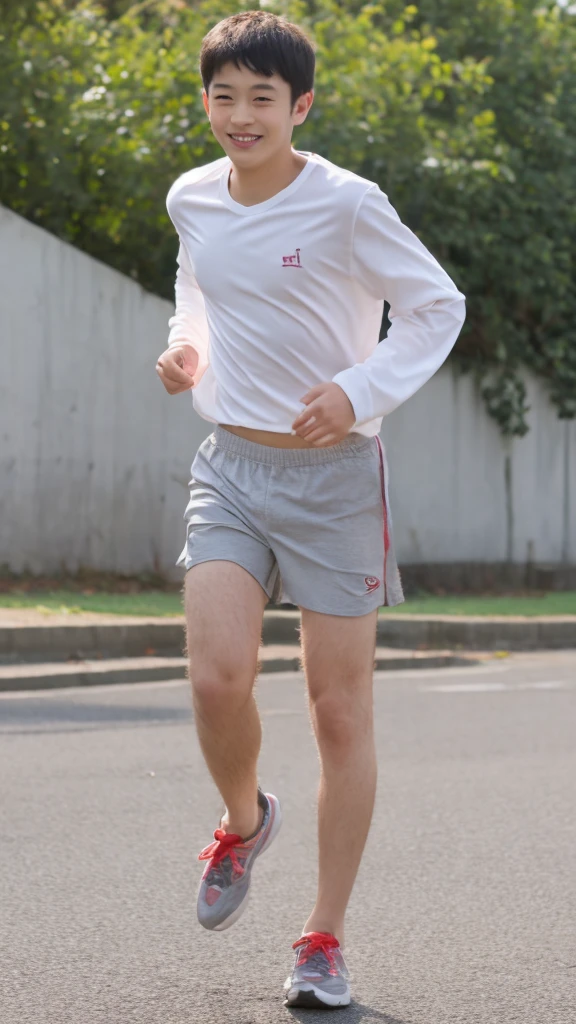 12-year-old boy,Smile,Spread your white and slender legs,jogging,full body,8K(nsfw)