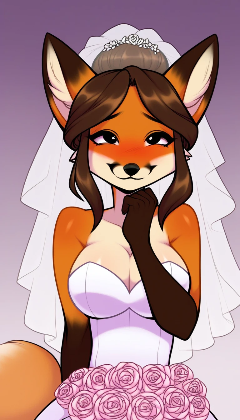 masterpiece, best quality, 8k, Sexy Auntie Vixen, long hair, messy red hair, ((white and red fur)), furry art, Anthropomorphic fox, female, black eyes, (perfect eyes), (perfect lips), (detailed eyes), detailed lips, hair blowing in the wind, fox fluffy tail, ((red bangs)), fursona art, (white face veil), lace veil, wedding dress, pink lipstick, bedroom eyes, hearts eyes, aroused, kiss pov, holding a wedding bouquet, floating hearts, pink mist, romantic fantasy, sweet smile, kissable lips