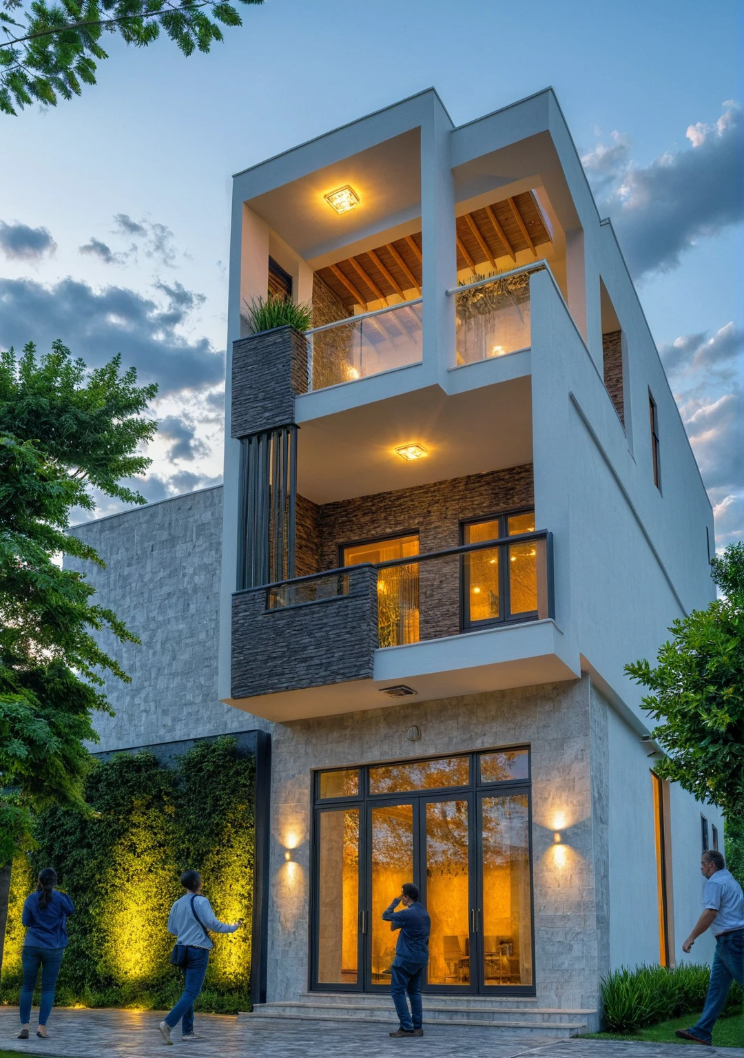 Masterpiece, high quality, best quality, authentic, super detail, outdoors, aiaigroup, house style modern , white wall , pavement, grass, trees, dusk sky, cloud, (daylight:1.1)