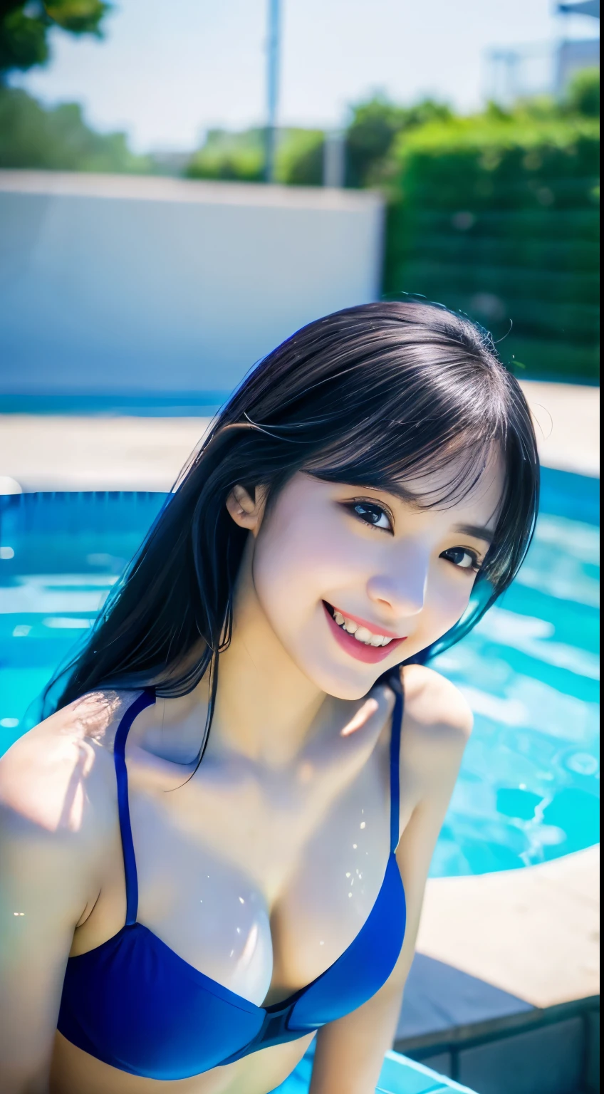 (logo、masterpiece、、Tabletop、RAW Photos、wonderful、最high quality、貴族的でVery detailedな CG 合成 8k 壁紙、high quality、Very detailed、Narrative poem、Particle Effects、Dynamic Effects、Depth of the Boundary、Cinematic Light、Lens flare、Ray Tracing)、1 girl、White skin、Kneel、From above、Black Hair、Blue bikini swimsuit、Soaking wet、Portraits of famous actresses of Japan、smile、happiness、joy、fine、Beautiful curves、chest、chestの谷間、High resolution eyes、Beautiful long neck、bangs、eyelash、Big eyes、Seaside、Outdoor swimming pool、Very beautiful blue sky、Dynamic Angles