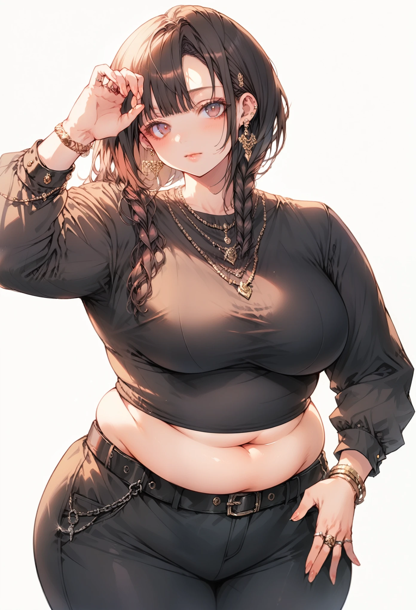 Curvy anime girl, overweight fat girl, pretty anime girl, beautiful chubby anime girl, big tummy, large breasts, wide hips, curvy butt, stomach rolls, stomach bump, fashionable, cool clothes, fun clothes, fashion, accessories, jacket, jewelry, bracelet, earrings, necklace, rings, accessories, belt, skirt, dress, pants, shirt, long shirt, low cut tshirt, baggy shirt, confident, cool fashionable girl, attractive, cool, hot woman,