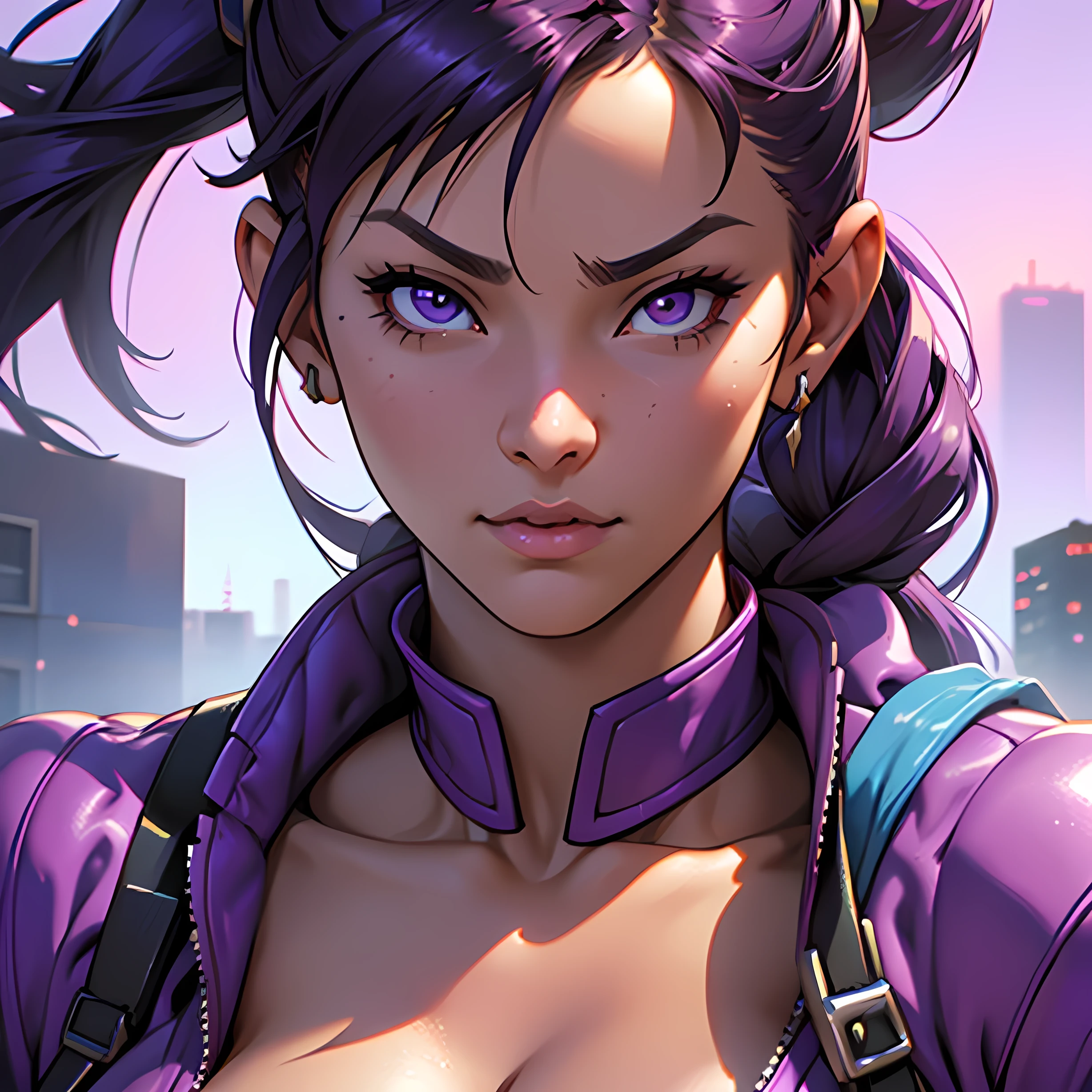 a beautiful detailed close up portrait of a woman with purple hair and a purple jacket, chun-li character from street fighter, badass anime style, extremely detailed by artegerm, unreal engine 3D, video game character, katana zero, chun-li, photorealistic, vivid colors, dramatic lighting, hyper detailed, masterpiece