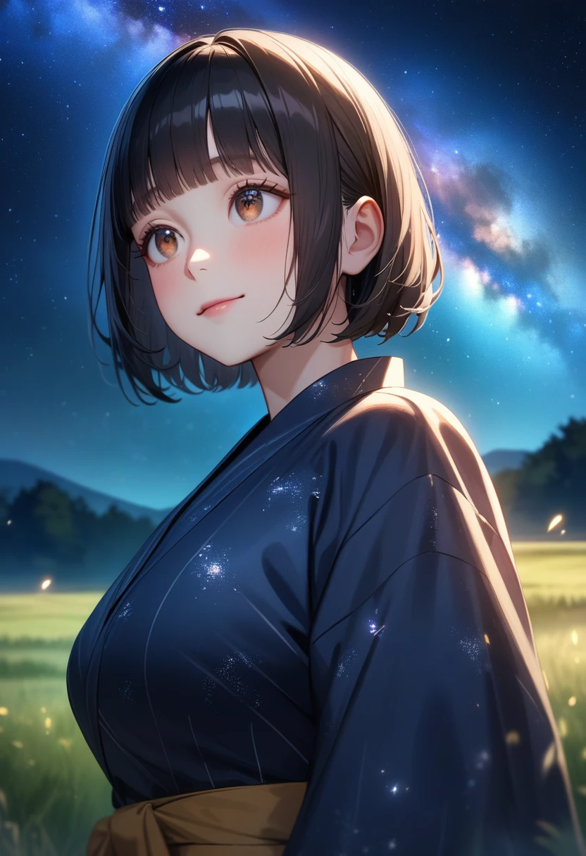 masterpiece, best quality, very aesthetic, absurdres, source anime, anime, (realistic:0.8), super detailed, extreme detailed, general, 
1girl, looking up, light smile, (sad:0.5),  cowboy shot, from below, 
BREAK girl, 22yo, short hair, bob cut, (blunt bangs), black hair, (tareme, detailed cute brown eyes), curled eyelashes, (large breasts:0.9),
shiny hair, beautiful detailed eyes, beautiful face,
yukata, outdoors, grasslands, plain, summer, night, beautiful sky, ((Milky Way)), night, star night, particle lighting,, 