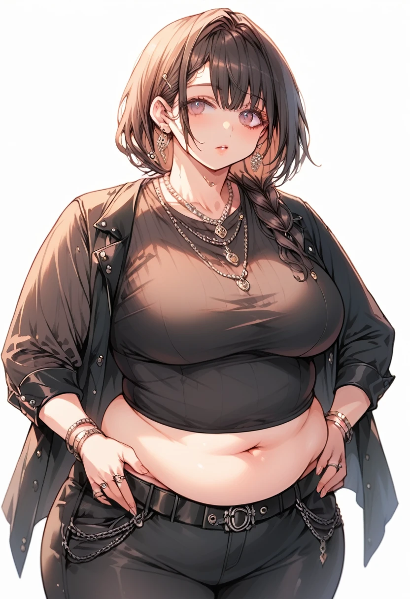 Curvy anime girl, overweight fat girl, pretty anime girl, beautiful chubby anime girl, big tummy, large breasts, wide hips, curvy butt, stomach rolls, stomach bump, fashionable, cool clothes, fun clothes, fashion, accessories, jacket, jewelry, bracelet, earrings, necklace, rings, accessories, belt, skirt, dress, pants, shirt, long shirt, low cut tshirt, baggy shirt, confident, cool fashionable girl, attractive, cool, hot woman,