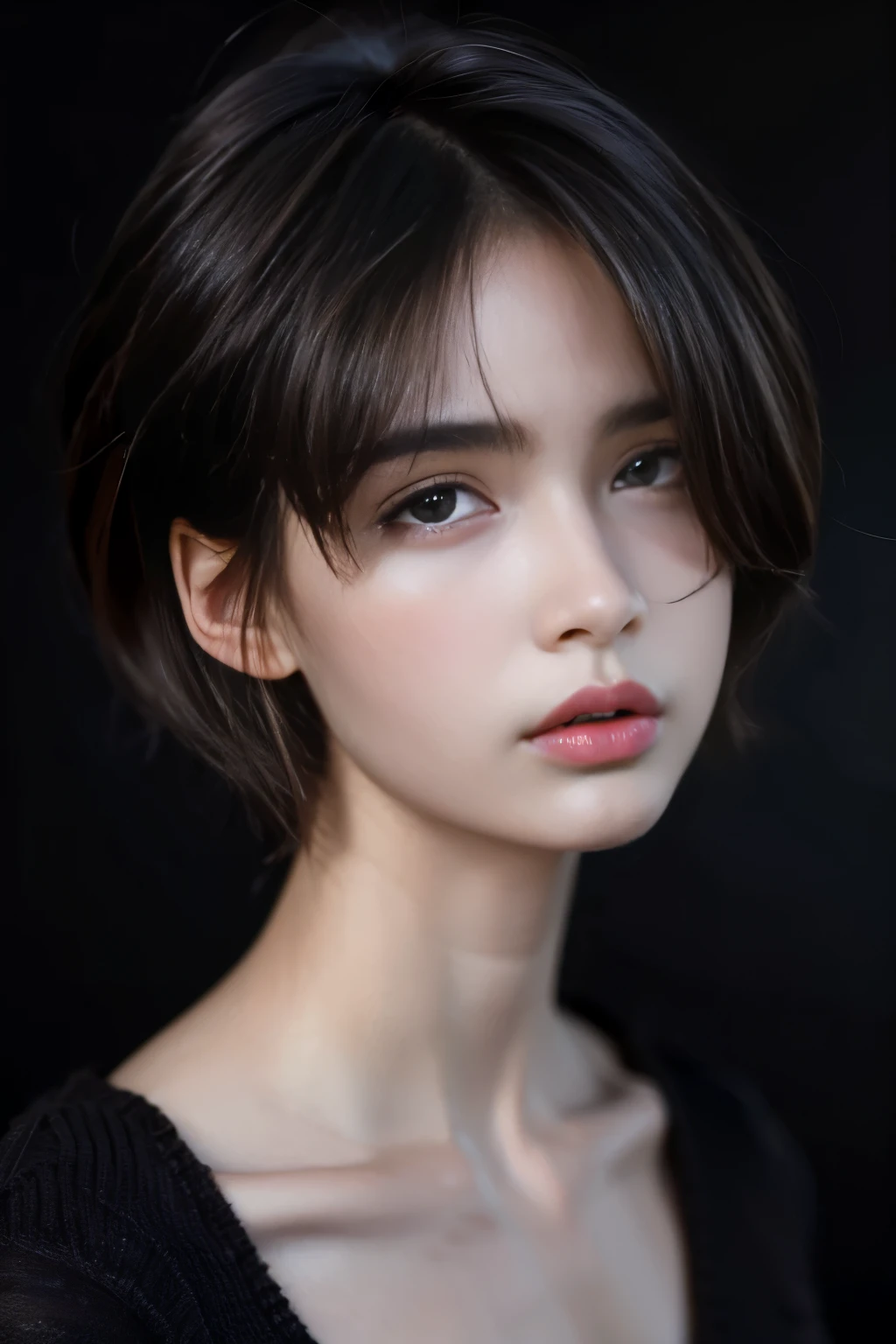 (high resolution,Practical) Short hair handsome tomboy girl, rugged, Ease: pencil drawing, Detailed facial features, Determine the expression, Dark background