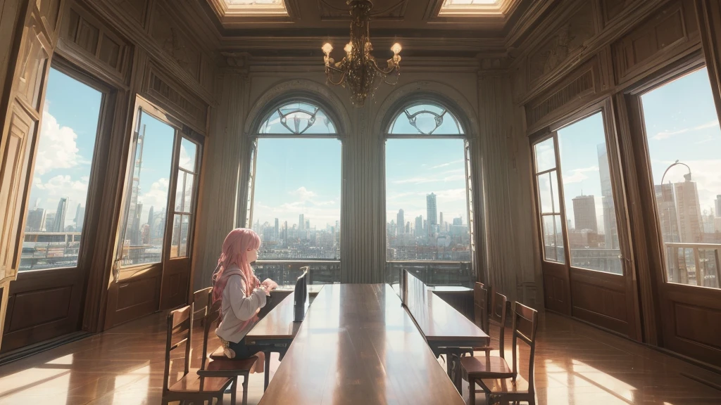 Absurd, Ultra-high resolution, (Official Art, beautifully、mysterious:1.2), Impressive eyes, Sit at a desk by the window and look out the window, Girl listening to music with headphones, light pink long hair, Lo-fi Girl, and oversized hoodie, Bright Sky, A vast world, Kaisei and Artgelm, Anime atmosphere, Lofi art style, Anime style 8k, Anime Aesthetics, Lo-fi feeling, Anime Art Wallpapers 8K, An atmosphere of praise, Rooms with large windows, Emotional cityscape, city room, Correct human body composition