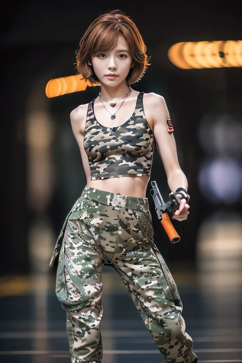 (Female warrior with a gun on the battlefield:1.5)、(Serious face:1.5)、(18-year-old female:1.5)、(The best quality at its best:1.4), (Super detailed), (Very detailed CG unified 16k), Beautiful woman with perfect figure: 1.4, Sharp focus: 1.2, Very detailed, High-quality RAW color photos, Professional photography, Great face and eyes, cosmetics, (Amazingly beautiful girl), ((Camouflage top and bottom、Wearing combat uniform:1.5)), Realistic movie faces, Full body long view from head to toe, Realistic, ((Realistic natural orange red hairstyle)), ( Short Bob Hair:1.5), (necklace:1.5)、, Very beautiful face, Perfect model beauty, Mouth swelling, Highly detailed face and skin texture, Fine grain, double eyelid, Medium chest, (masterpiece), Highest quality, High resolution, Very detailed, Blurred Background, Depth of written boundary, Cinema Lighting, Great legs, , Clear, well-maintained skin,((Full body shot from head to toe:1.5))