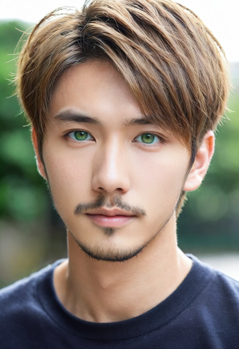 Handsome guy, British mix Japanese, wasian, europian, short hair, dark blonde hair, green eyes, short beard, 25 years old student
