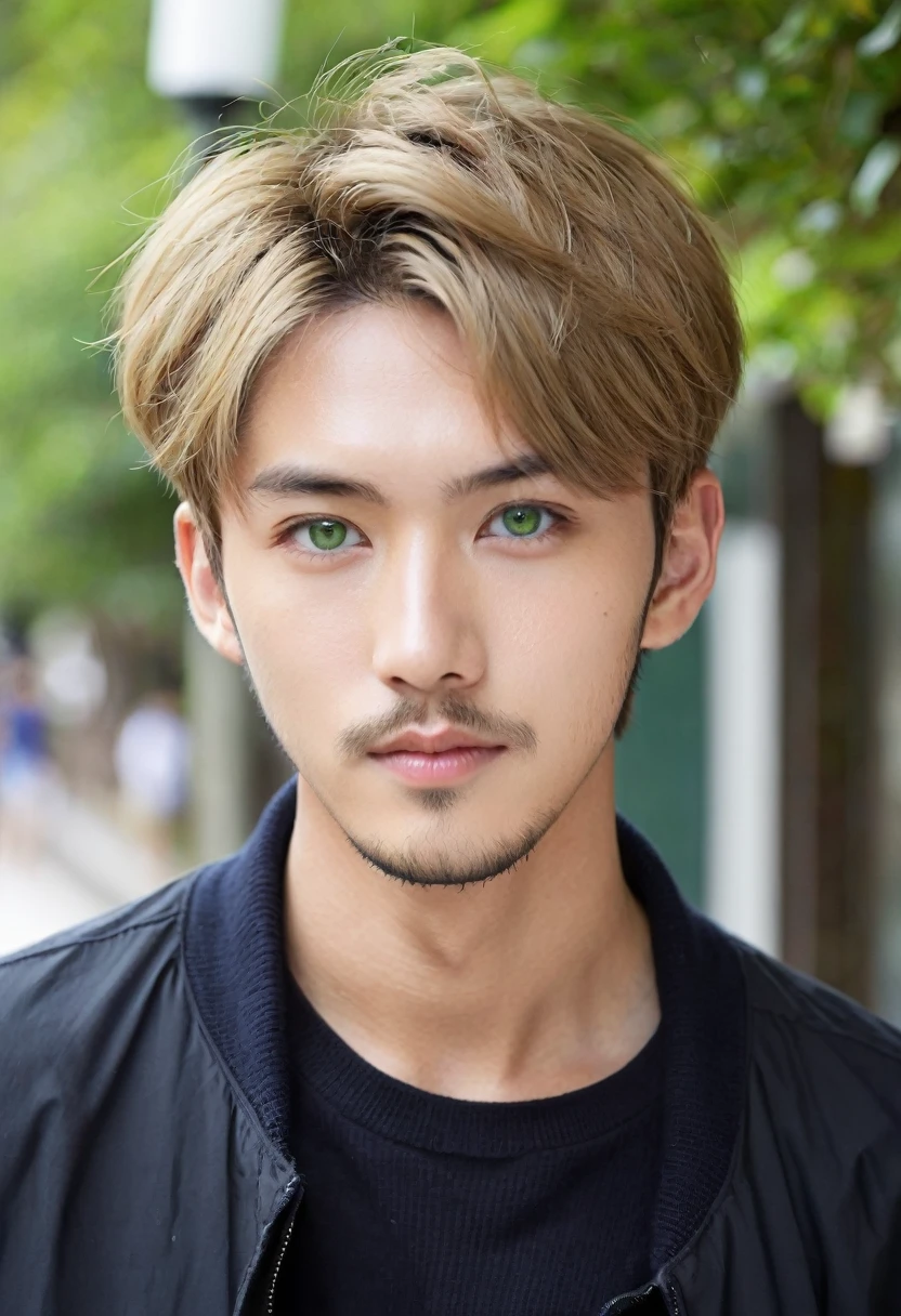 Handsome guy, British mix Japanese, wasian, europian, short hair, dark blonde hair, green eyes, short beard, 25 years old student