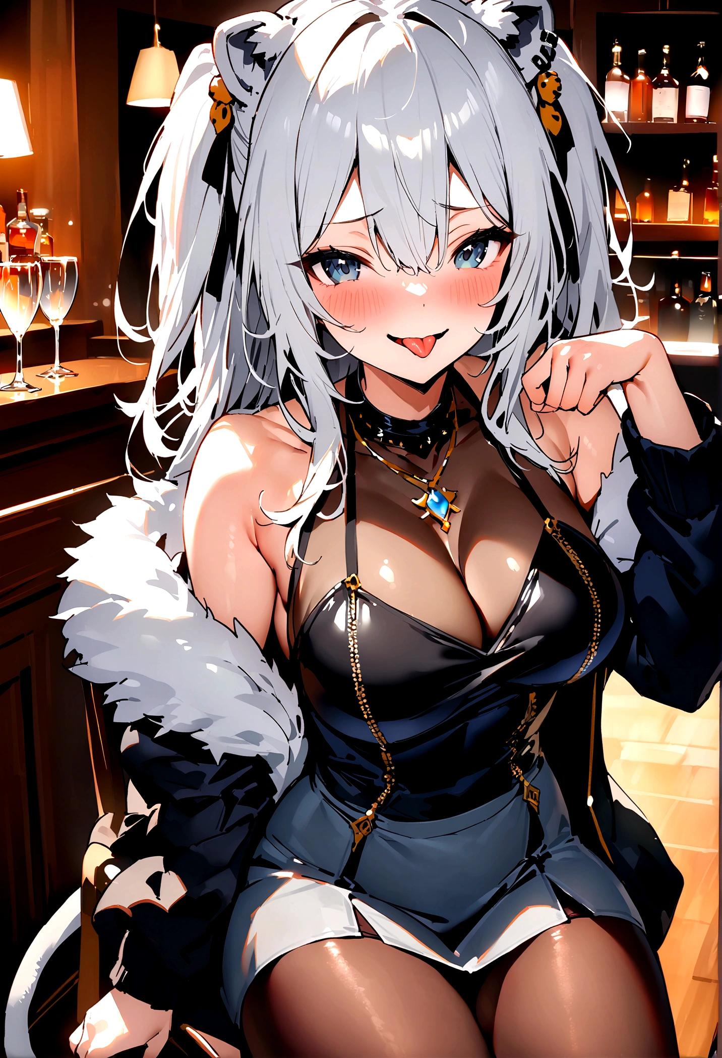 NSFW,masterpiece,Highest quality,High resolution,Super detailed,Shishirabotan\(Hololive\),Long Hair、Two Side Up、Earrings、Lion&#39;s Tail,necklace、Black Shirt、Sleeveless shirt、abdomen、See-through、Grey Skirt、片足pantyhose、pantyhose、fur-trimmed jacket、Black jacket、Off the shoulder,Black adult panties,(Bewitching Smile),blush,Luxurious Room,pub,counter,chair,Cocktail Glass,(Drunk),(Intoxication),Sitting in a chair,heart,Sexy pose,Panty shot,Open your mouth,Sticking out tongue,(Blowjob Pose)