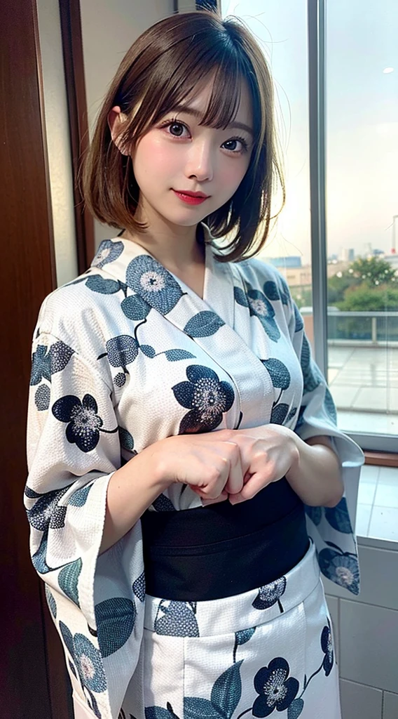 (8K, Raw photo:1.2), Detailed face and eyes,Best Quality, 超A high resolution, Highly detailed ,intricate detailes ,masutepiece ,Cute Girl , Soft cinematic light, Hyper-detailing,Sharp Focus, High quality, Blonde hair, bob cuts, Yukata