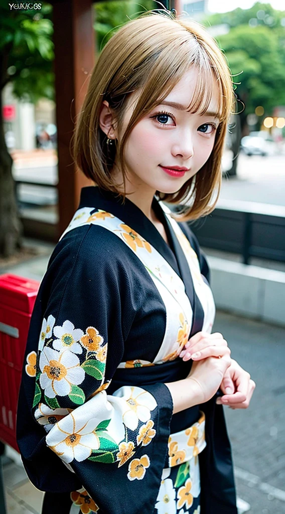 (8K, Raw photo:1.2), Detailed face and eyes,Best Quality, 超A high resolution, Highly detailed ,intricate detailes ,masutepiece ,Cute Girl , Soft cinematic light, Hyper-detailing,Sharp Focus, High quality, Blonde hair, bob cuts, Yukata
