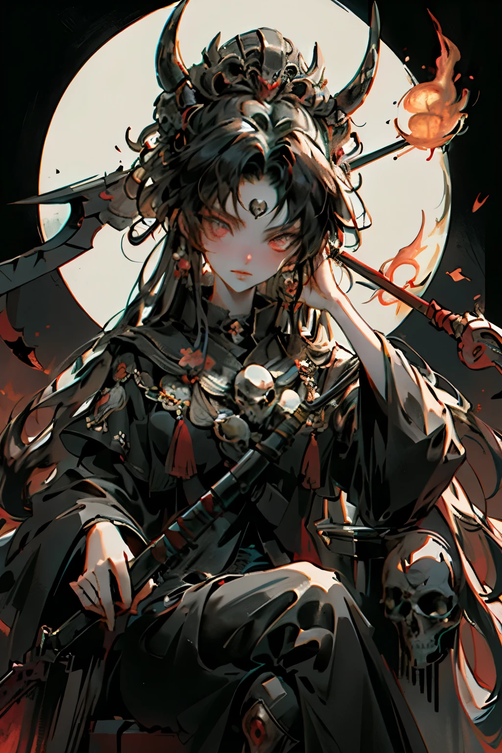 ((best quality)), ((masterpiece)), (detailed) ,Big Black Horns, Fire everywhere, Scythe in hand, Colorful eyes, Sitting on Throne of skull, Crown on head, Female, Looking down , Aloof, Red eyes, Scythe in hand , Mature in 30s ,Tall Sun behind