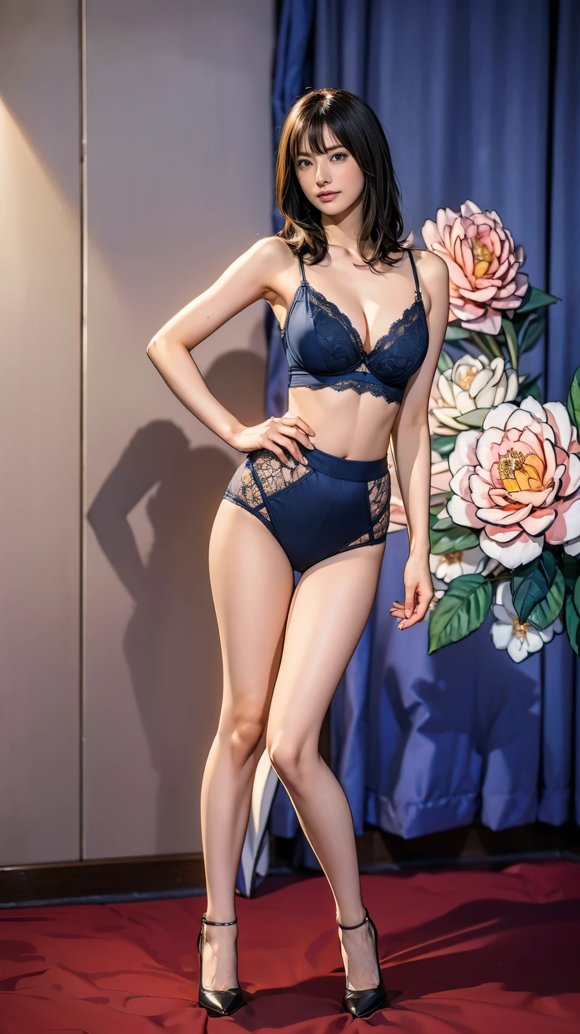 ((masterpiece)),(((Highest quality))),Thin thighs,Long legs,whole body:1.5,(One Girl:1.3),(Black pantyhose and thick pointy heels:1.3),(Wearing a navy blue bra with white camellia flower lace:1.2),Short Blonde:1.2、Model pose with legs spread and leaning forward:1.5,Nioh Standing Pose:1.5