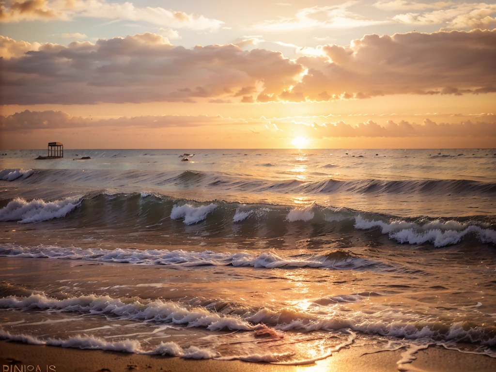 a beautiful sunset on a tropical beach, sun setting over the ocean, waves crashing against the shore, warm golden light, silhouettes of palm trees, pink and orange sky, serene and peaceful atmosphere, people walking along the beach, soft sand, reflections in the water, birds flying in the distance, long exposure photography, cinematic lighting, vibrant colors, detailed and realistic