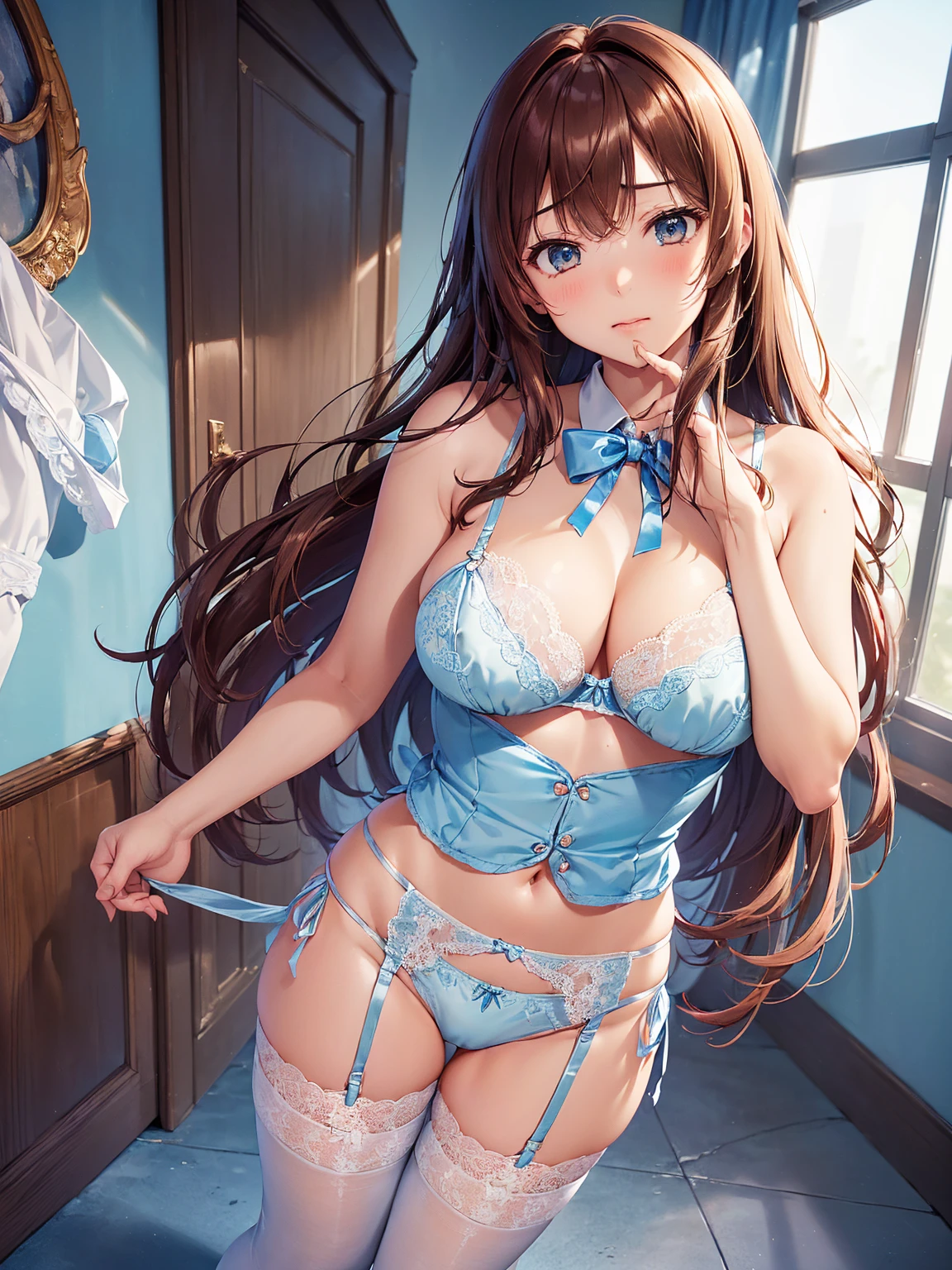 (((masterpiece, Highest quality, High resolution, 超High resolution, Perfect Pixel, Depth of written boundary, 4K, RTTX 10.0))), Beautiful Anime Women, Beautiful art style, Anime characters, ((Smooth texture, Realistic texture, Anime CG Style)), Exact finger count、Exact number of legs、(Exact number of arms:1.0, Exact number of hands:1.0), (Perfect hands, Perfect Anatomy), Cinematic, Realistic, Extremely detailed CG, Daytime lighting, Perfect lighting, Best Shadow, The best natural light, whole body, Perfect body, バランのとれたPerfect body, Perfectly balanced style, (Slender body:1.2), ((Long Hair, bangs, Reddish brown hair, Stylish hairstyle)), ((A cute woman stands with her hands in her panties:1.8)), (Put one hand in your panties:1.8), (fingering:1.8), (pussy juice:1.5), ((Bow tie around neck, High heels:1.3), (Sexy and cute light blue underwear:1.3), (Stylish shiny light blue satin panties, Side-tie panties, The panties are plain light blue in the center with lace decoration on the sides.:1.3), (Thin panties with ribbon:1.3), (Light blue micro lace satin bra, Light blue bra with lace trim, Thin bra with ribbon:1.3), (lace garter belt, Garter Strings, Knee socks:1.3):1.3), (Beautiful big , Cleavage:1.1), (Embarrassed expression:1.4), blush, (sexual pleasure expression:1.5), (The expression of someone who is holding in the toilet:1.4), (Look up, Mouth half open:1.4), (Half-close your eyes:1.3), (Modern office corridor, Many business people in the background, currently accepting, Guidance:1.3), naked, In underwear, Waitress in underwear, (Receptionist's hat:1.2), whole body, Angle from the front, chizuru