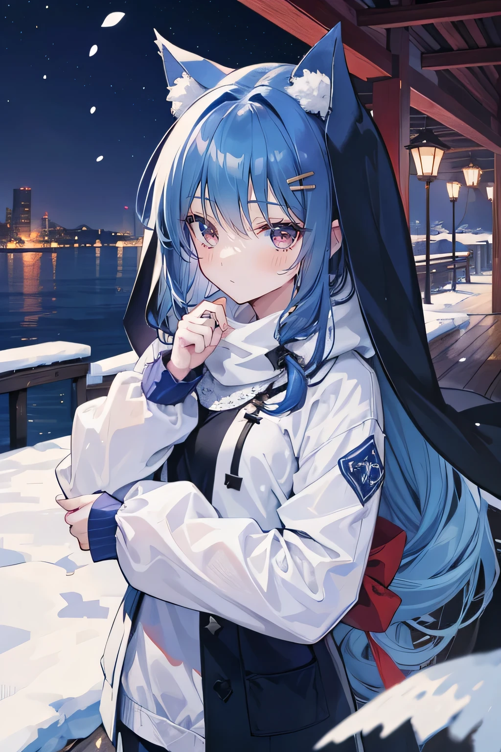 (masterpiece:1.2),Super detailed,lifelike,Expressive eyes,fair skin,perfect face shape,1 girl,
Japanese comics,Gorgeous blue hair,flowing blue hair,flowing clothes,Cat ears,Petals fall,beautiful lola,Baby Angel,
Shaking head with one hand,Cross your legs,Gentle and peaceful background,The pavilion is cool and comfortable,smile, wearing hoodie,back views,snowing, winter,lie on the water. (Best Quality: 1.3), (Masterpiece: 1.3), (Illustration: 1.3), (Ultra Detailed: 1.3), (Imide Lens: 0.9), 1girl, Medium Breasts, Purple Eyes, ((Dark Blue Hair) ), hair accessories, young, clothing-gladiia, long hair, dark blue hair, indoors, black shorts, high socks, low ponytail, expressionless, upper body, close-up, coat, skirt,Nun's Clothes。