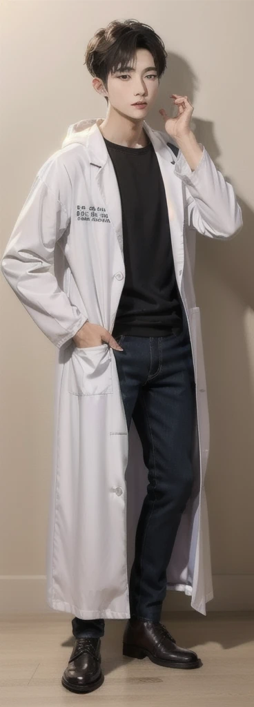 (Fair skin),((white lab coat)), (black hoodie underneath),Iris,(gender: Natural Face),(Japanese),(leather shoes),long body,handsome young asian man, Japanese idol style, short clean-cut hair, (center part), calm confident expression, hands in lab coat pockets, plain white background, portrait, high quality, detailed, 8K