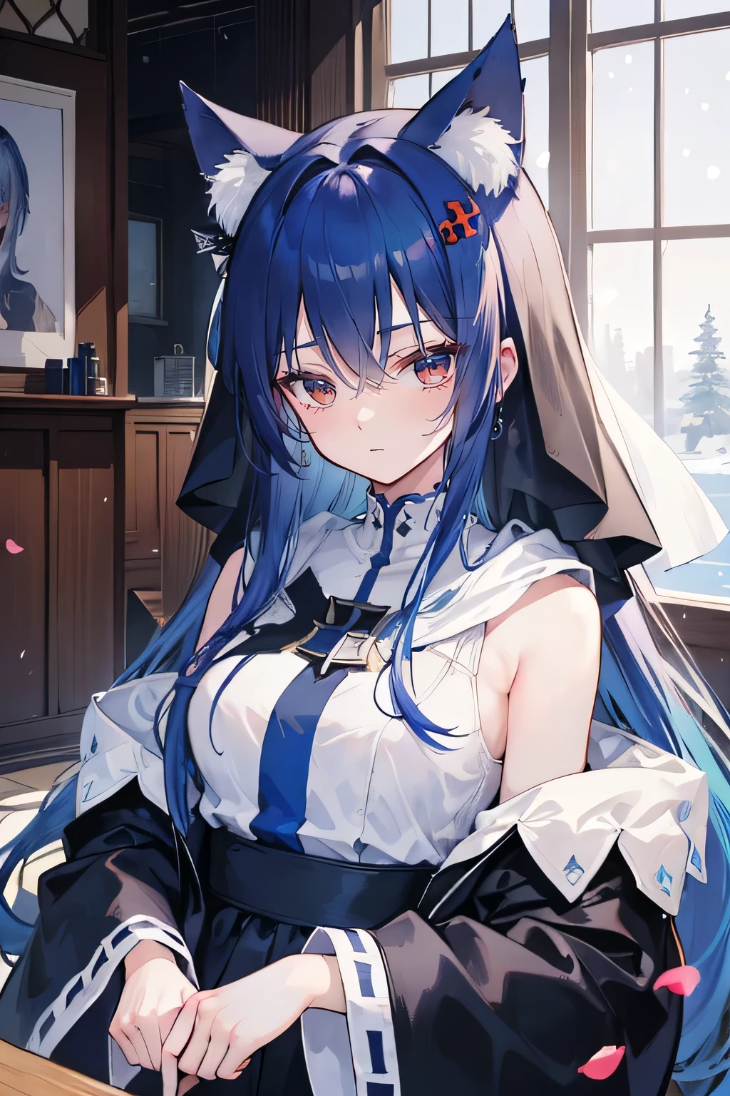 (masterpiece:1.2),Super detailed,lifelike,Expressive eyes,fair skin,perfect face shape,1 girl,
Japanese comics,Gorgeous blue hair,flowing blue hair,flowing clothes,Cat ears,Petals fall,beautiful lola,Baby Angel,
Shaking head with one hand,Cross your legs,Gentle and peaceful background,The pavilion is cool and comfortable,smile, wearing hoodie,back views,snowing, winter,lie on the water. (Best Quality: 1.3), (Masterpiece: 1.3), (Illustration: 1.3), (Ultra Detailed: 1.3), (Imide Lens: 0.9), 1girl, Medium Breasts, Purple Eyes, ((Dark Blue Hair) ), hair accessories, young, clothing-gladiia, long hair, dark blue hair, indoors, black shorts, high socks, low ponytail, expressionless, upper body, close-up, coat, skirt,Nun's Clothes。