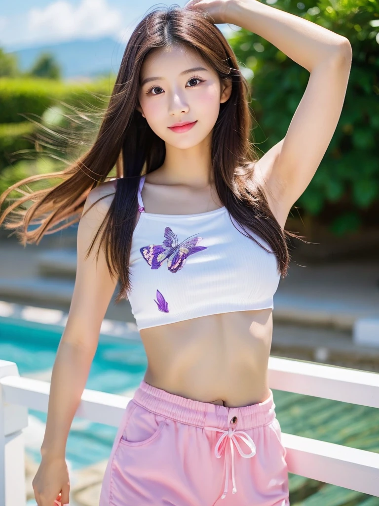 21 years old girl. Face looks like Nozomi Sasaki. What a beautiful girl. Realistic. Dream body shape. Sexy look. Wearing short, crop top at vacation. Photoshoot not looking camera. Looking a parakeet