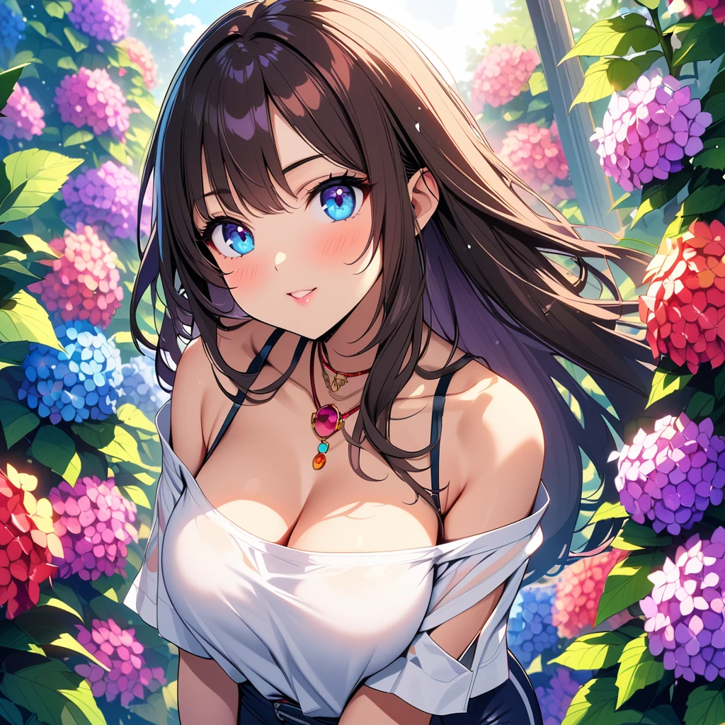 4K, June Scenario, Beautiful latina woman, long hair, chestnut hair, large breasts, blue colored eyes, white shirt, hot pants, red necklace, gazing at viewer, natta, colorful hydrangea