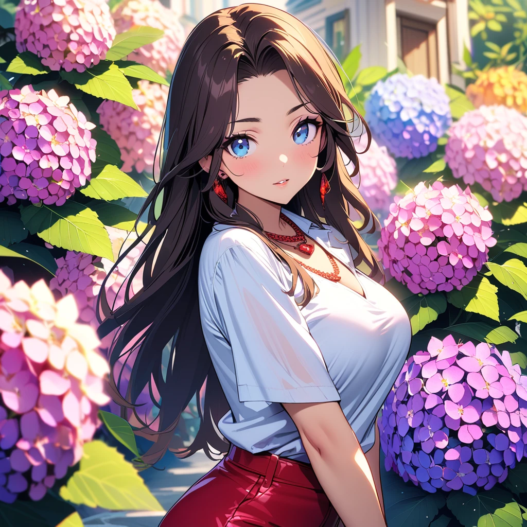 4K, June Scenario, Beautiful latina woman, long hair, chestnut hair, large breasts, blue colored eyes, white shirt, hot pants, red necklace, gazing at viewer, natta, colorful hydrangea
