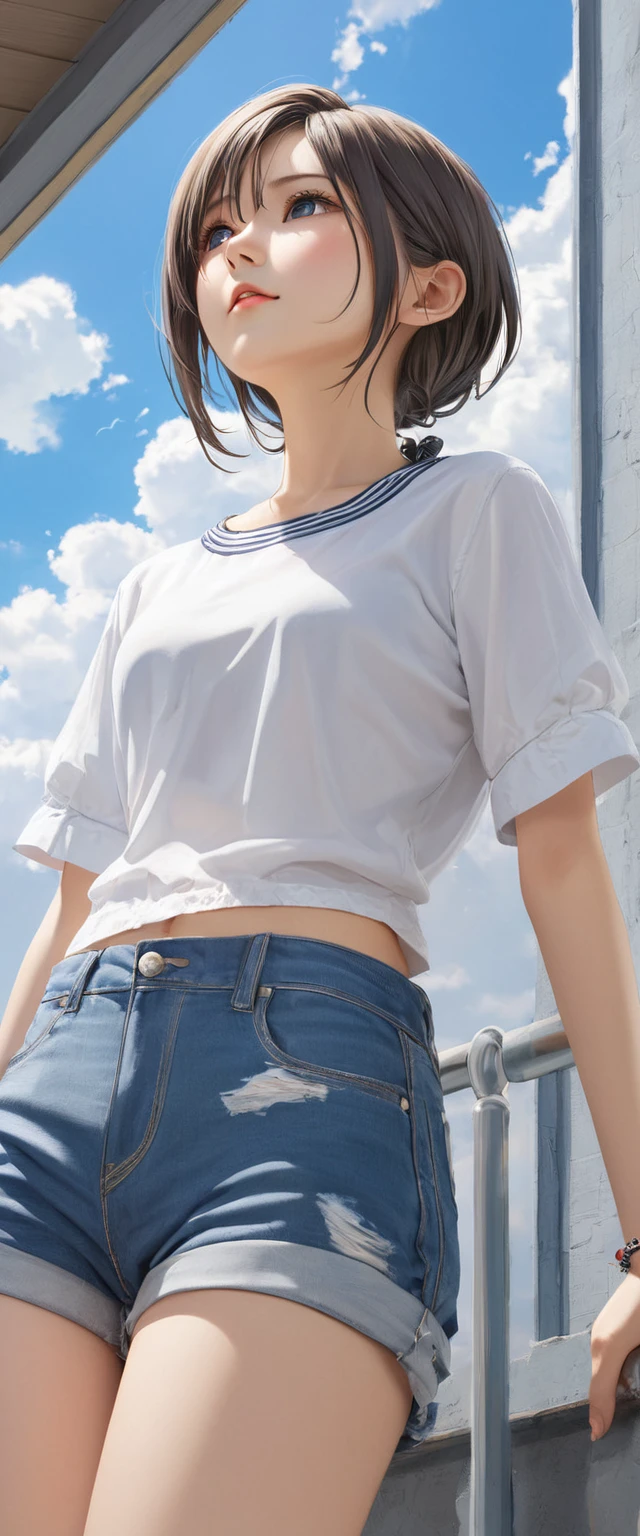 (masterpiece, Highest quality:1.2), One girl, alone,bony body、15 years old、Anime Style、(masterpiece, Highest quality:1.2), One girl, alone,bony body、15 years old、(from below:2) , master piece , best quality , woman , blouse , short denim