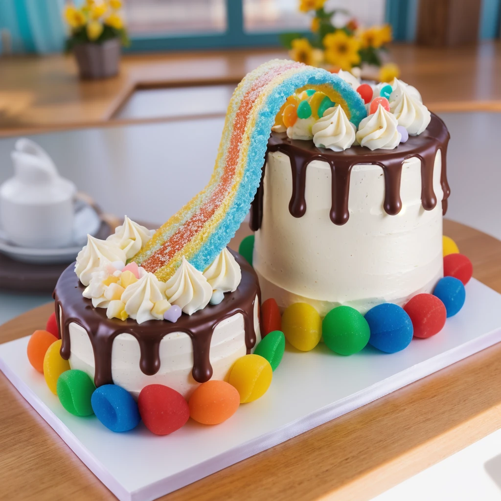 on a wooden table, on a porcelain plate, two cakes made of white cream, sugar candies on the bottom, chocolate ganache on the cake, white swirls on the chocolate ganache, window light, bright lights, soft light, window light, professional lighting, light from the window, neat light, realistic texture, realistic style, detailed texture, high quality, high resolution, high quality rendering, realistic photo, brightning light, macro photo