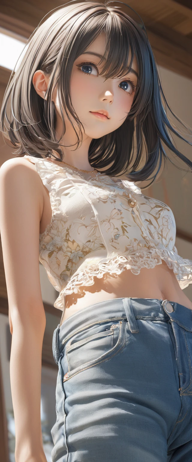 (masterpiece, Highest quality:1.2), One girl, alone,bony body、15 years old、Anime Style、(masterpiece, Highest quality:1.2), One girl, alone,bony body、15 years old、(from below:2) , master piece , best quality , woman , blouse , short denim
