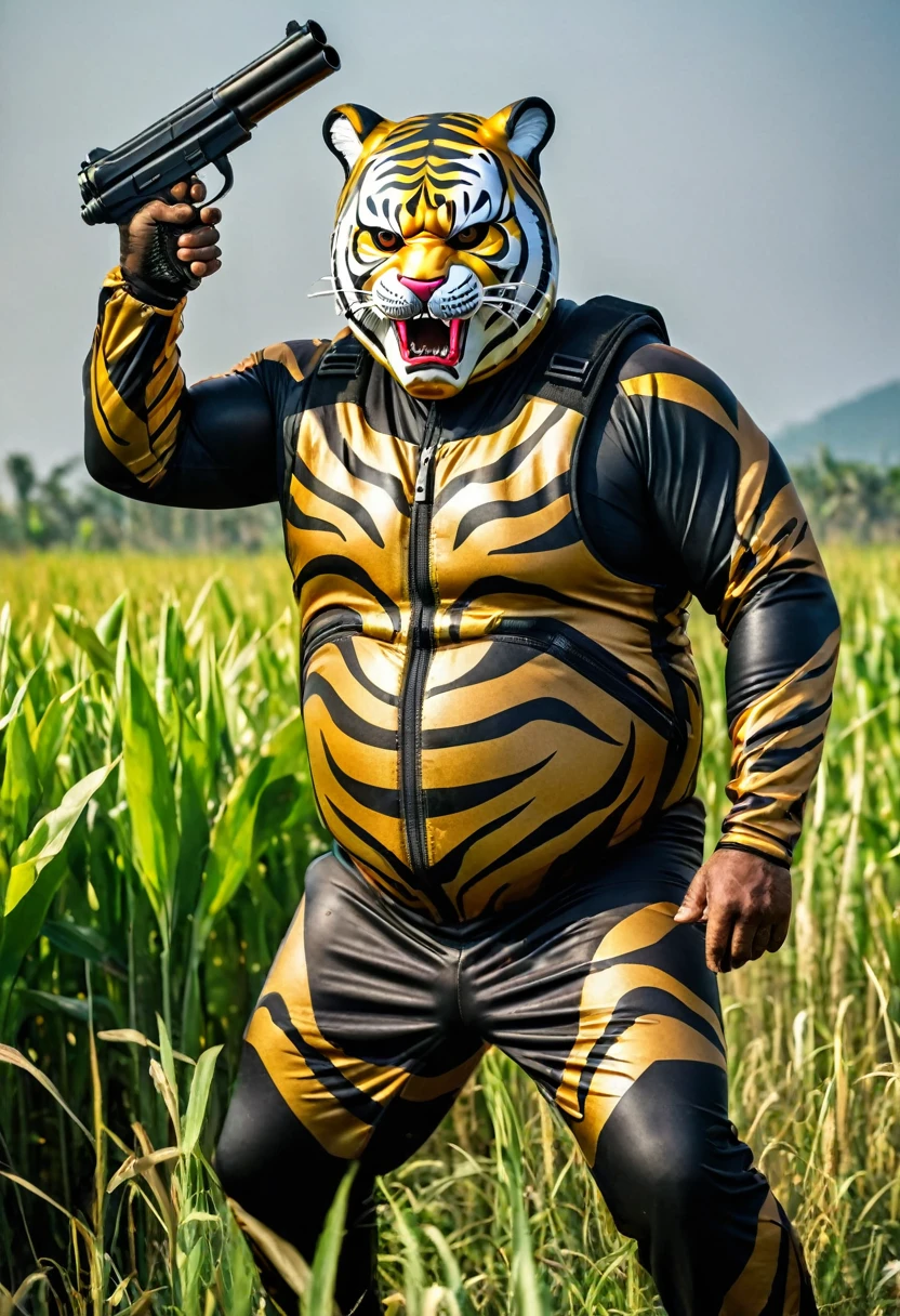 (a dark-skinned fat old man in a bulky camouflage zipper diver suit) shooting with a gun in a field and (wearing realistic roaring tiger mask that show the wearer eyes), muscular, Basuki Abdullah, sumatraism, action, a character portrait, heroic, fierce, snarling