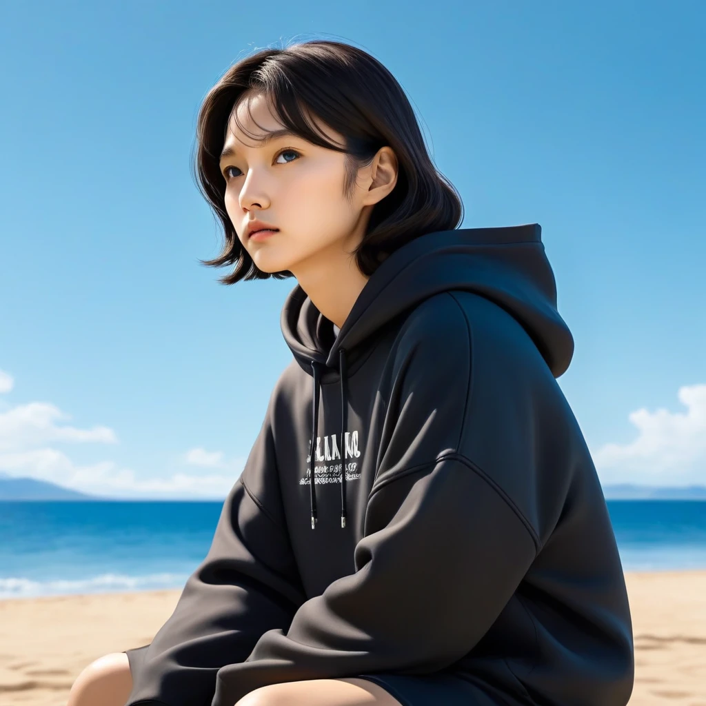 Kang Sae-byeok, Squid Game, Jung Ho-yeo, sitting looking at the horizon, wearing a black hoodie, ,cool pose, realistic, realistic proportions, brown eyes
