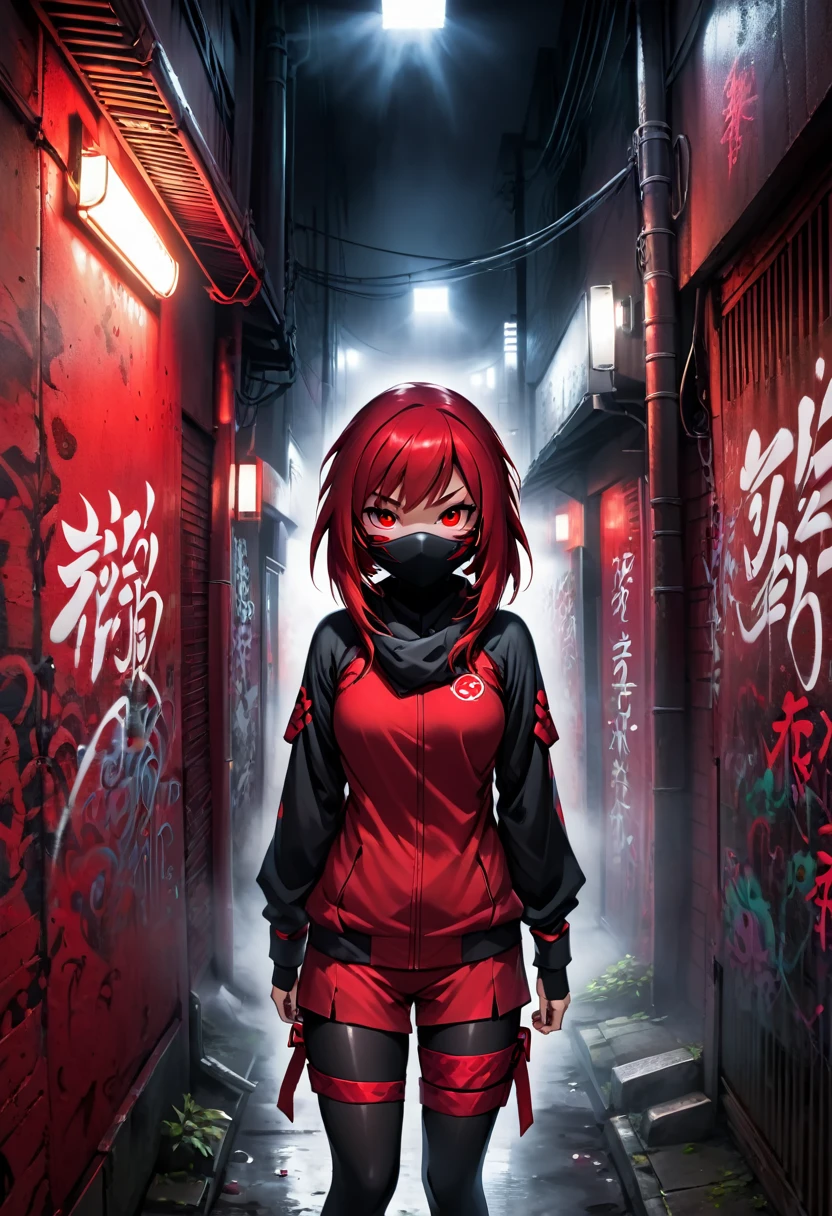 1girl, black and red ninja suit, hidden face, red hair, red eyes, dark alley, red graffiti, japanese led, fog
